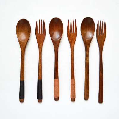 New Hot Sale Japanese Wooden Bambon Handwork Winding Practical Cutlery Tableware Spoon Fork Set